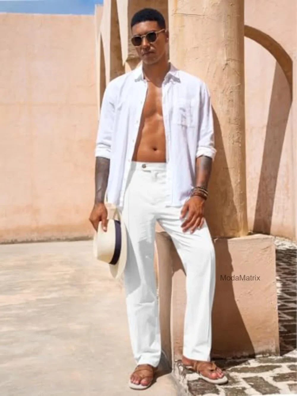 Mens Casual Pants Elastic Waist Cotton Linen Pleated Loose Fit Lightweight Yoga